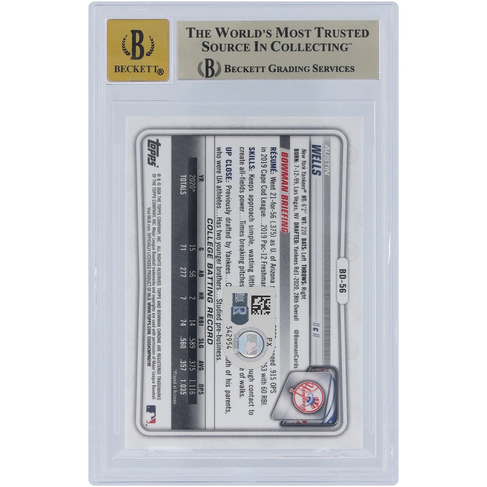 Austin Wells Signed 2020 Bowman Chrome Draft #BD-56 | BGS 9.5