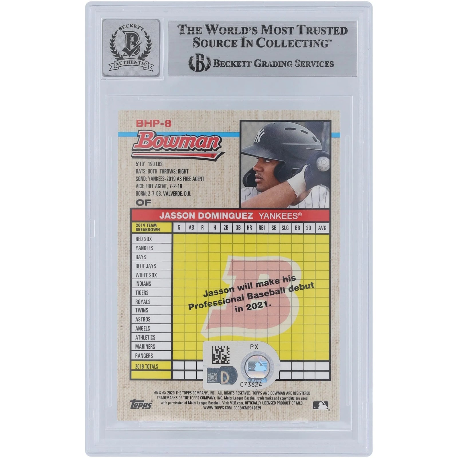 Jasson Dominguez Signed 2020 Bowman Heritage Prospects #BHP-8 | Graded 10