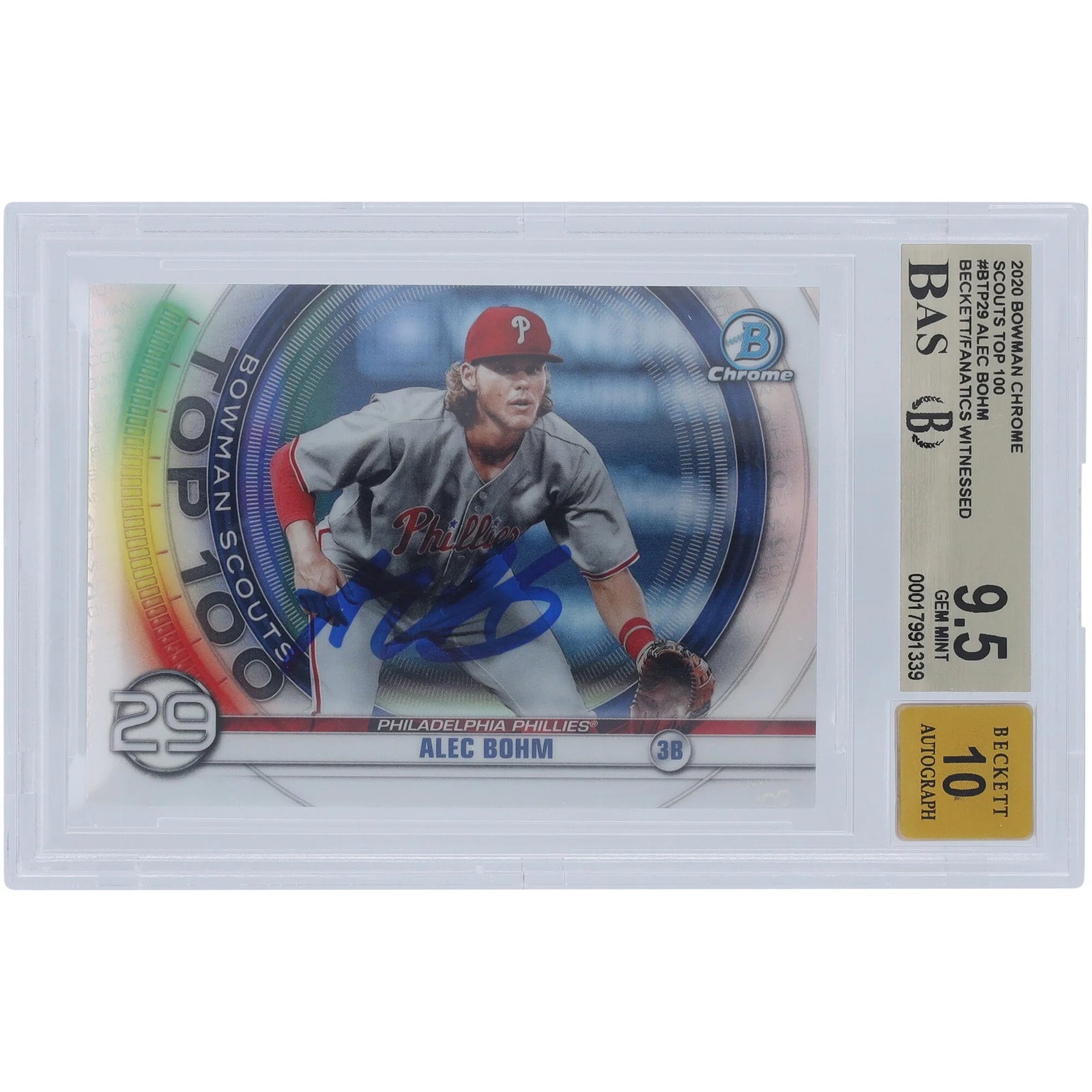 Alec Bohm Signed 2020 Bowman Chrome Scouts Top 100 #BTP-29 | Graded 9.5