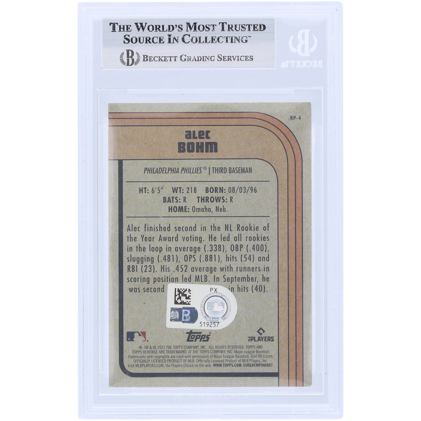 Alec Bohm Signed 2021 Topps Heritage Rookie Card | Beckett Authenticated