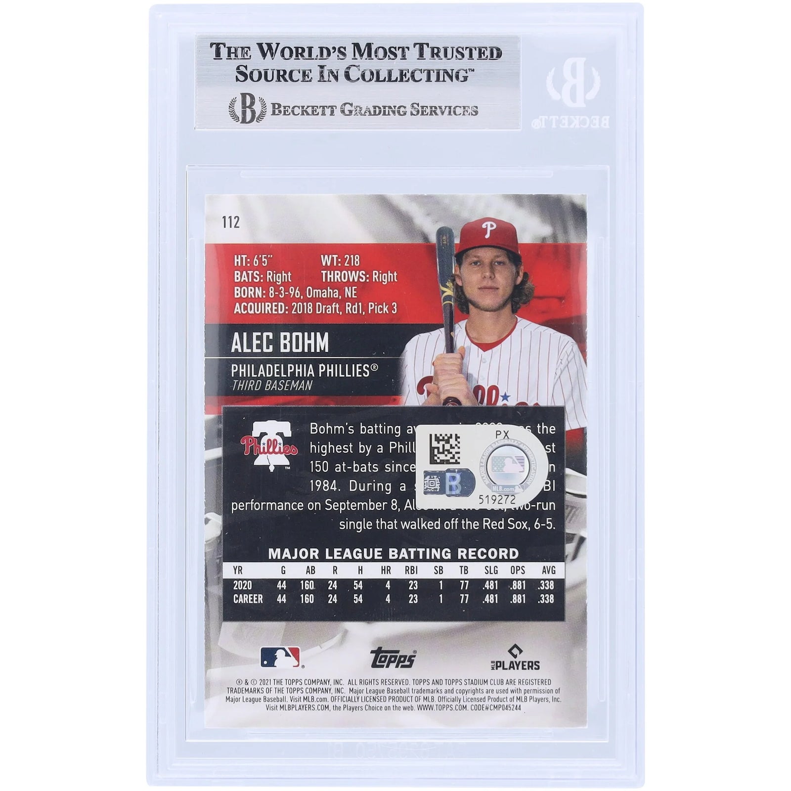 Alec Bohm Signed 2021 Topps Stadium Club #112 Rookie Card | Authenticated