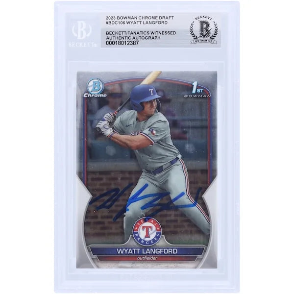 Wyatt Langford Texas Rangers Autographed 2023 Bowman Chrome Draft #BDC-106 Beckett Fanatics Witnessed Authenticated Card - F2