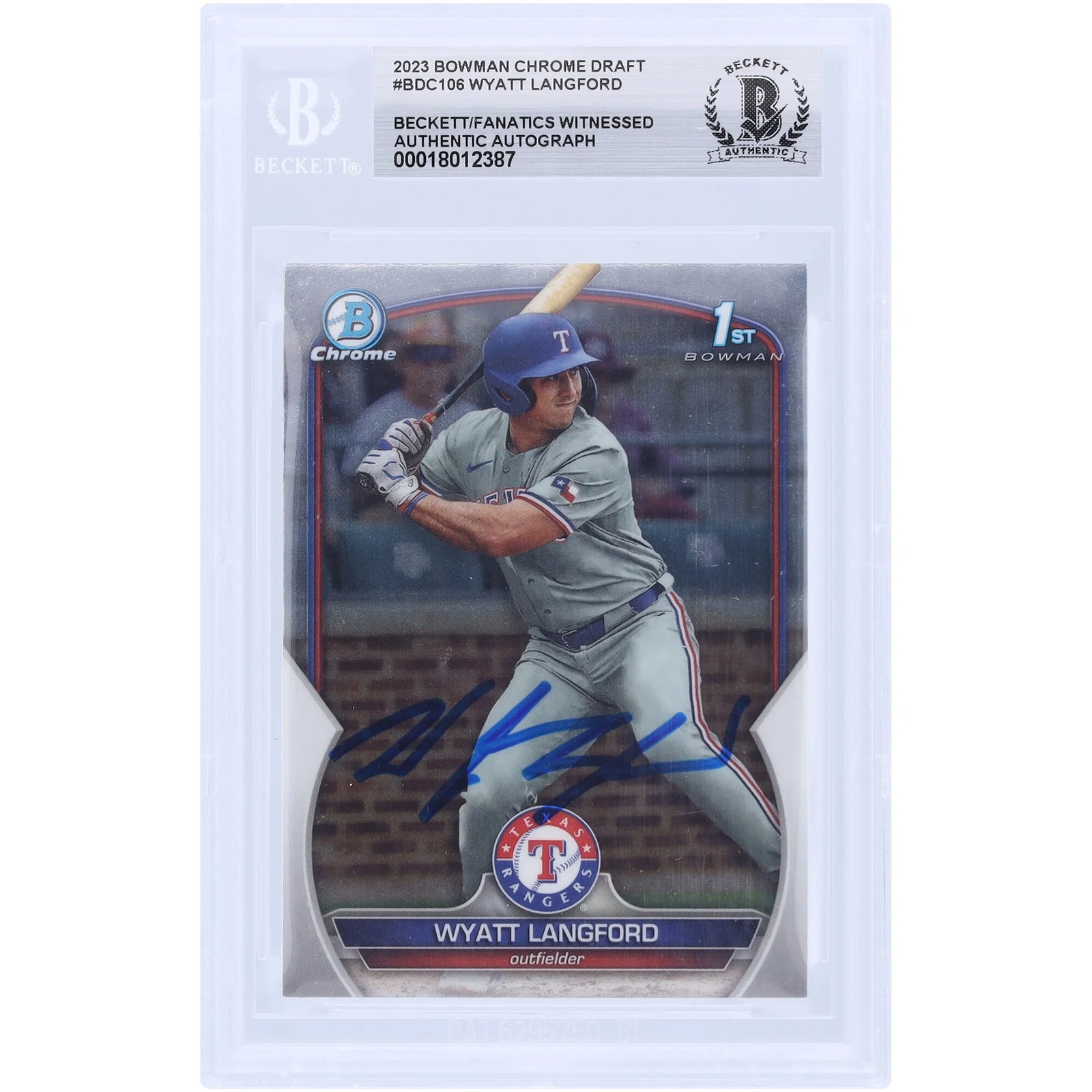 Wyatt Langford Texas Rangers Autographed 2023 Bowman Chrome Draft #BDC-106 Beckett Fanatics Witnessed Authenticated Card - F2
