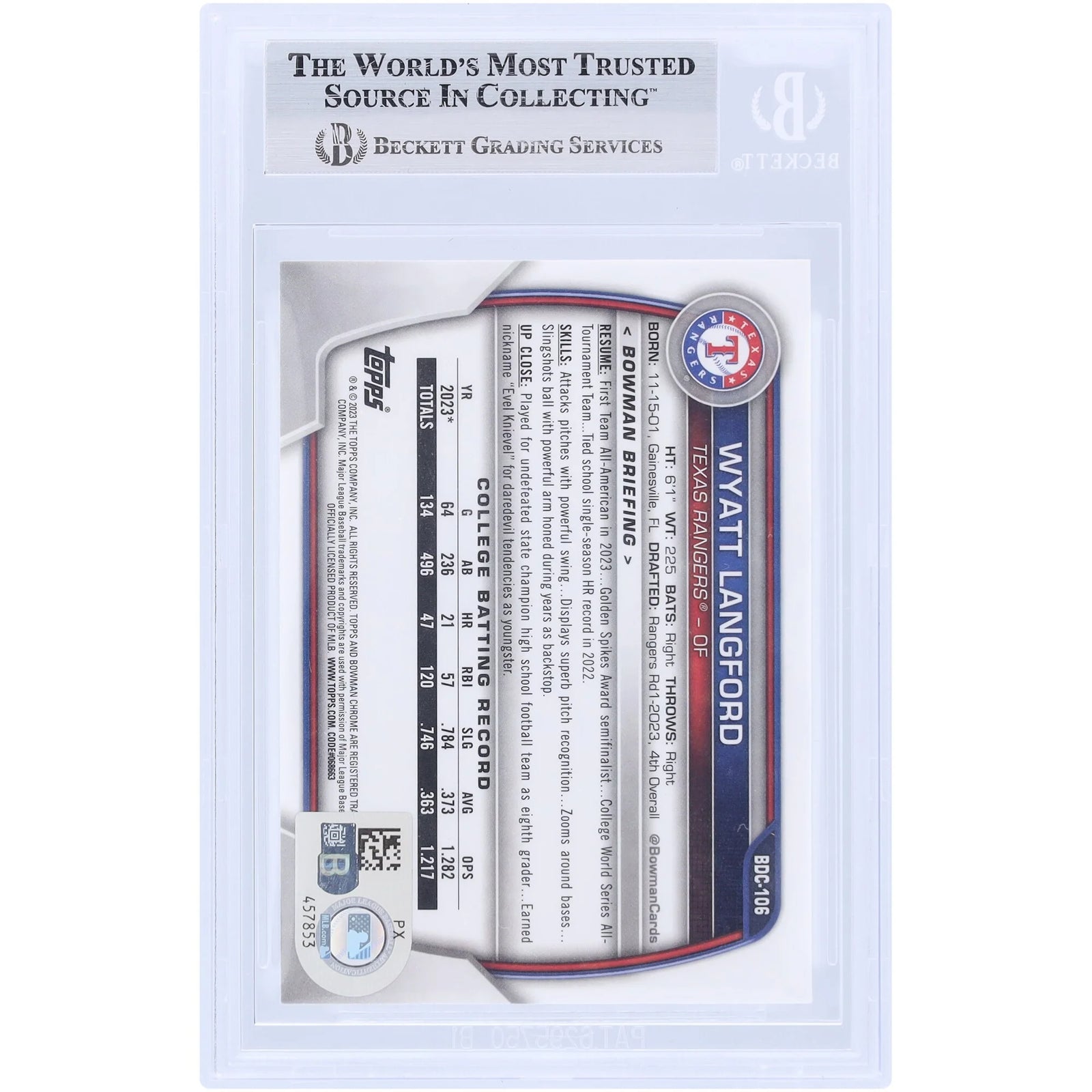 Wyatt Langford Texas Rangers Autographed 2023 Bowman Chrome Draft #BDC-106 Beckett Fanatics Witnessed Authenticated Card - F2