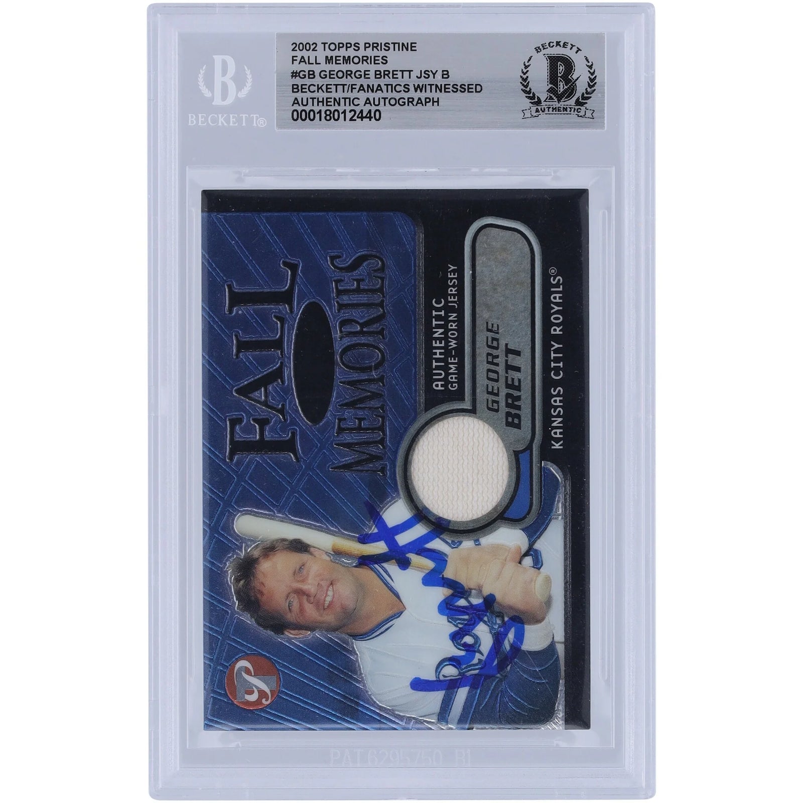George Brett Kansas City Royals Autographed 2002 Topps Pristine Fall Memories Jersey Relic #FM-GB #/1000 Beckett Fanatics Witnessed Authenticated Card - F2