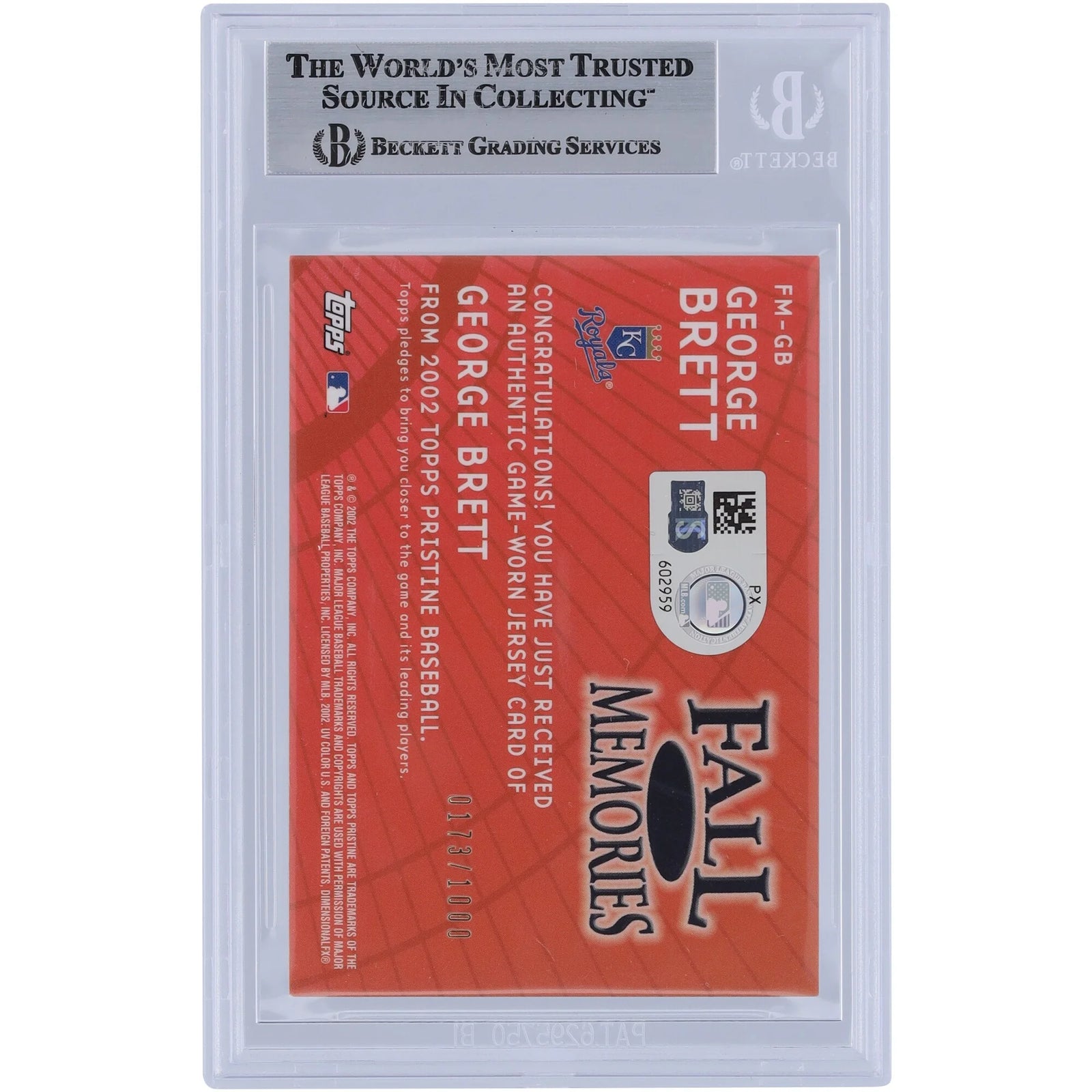 George Brett Kansas City Royals Autographed 2002 Topps Pristine Fall Memories Jersey Relic #FM-GB #/1000 Beckett Fanatics Witnessed Authenticated Card - F2