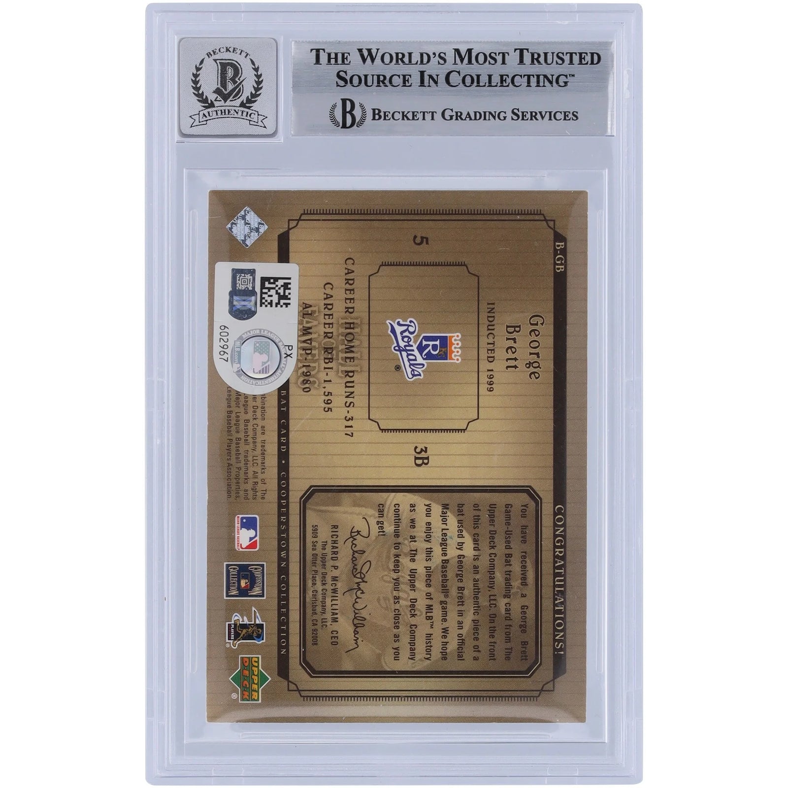 George Brett Signed 2001 Upper Deck Cooperstown Collection Bat Relic Card | Graded 10