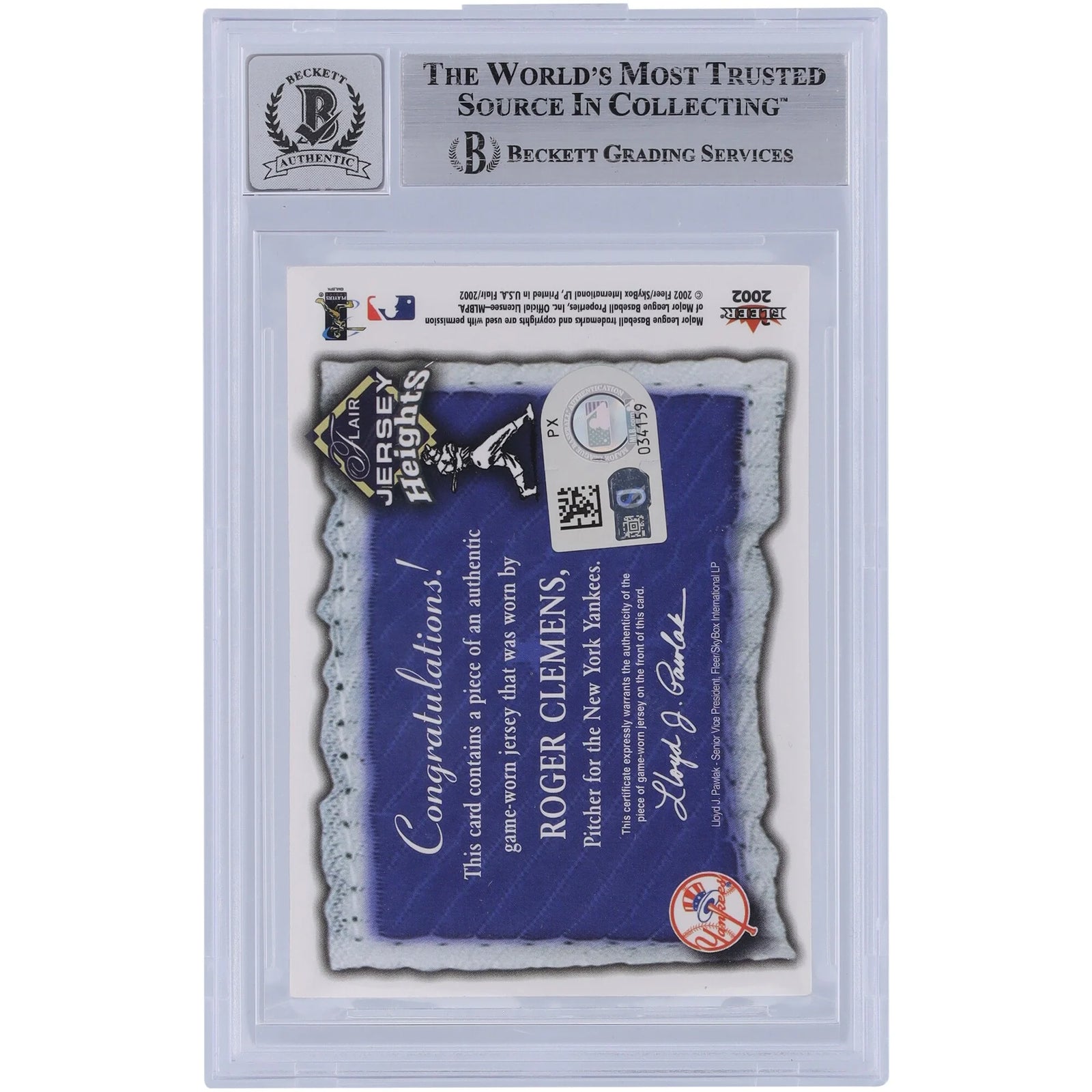 Roger Clemens Signed 2002 Fleer Flair Jersey Heights Relic Card | Graded 10
