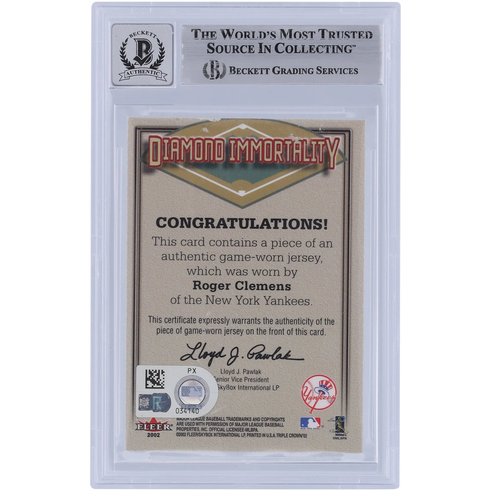 Roger Clemens Signed 2002 Fleer Triple Crown Card | Yankees Jersey Relic