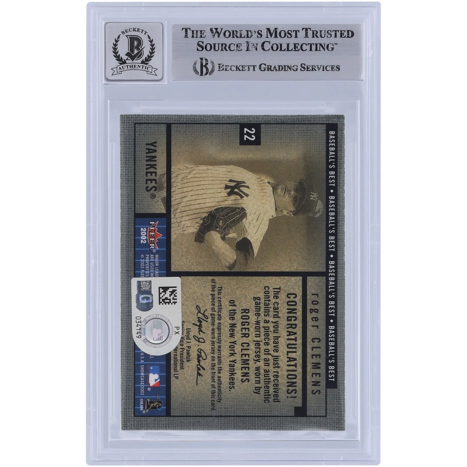 Roger Clemens Signed 2002 Fleer Showcase Card | Jersey Relic, Graded 10
