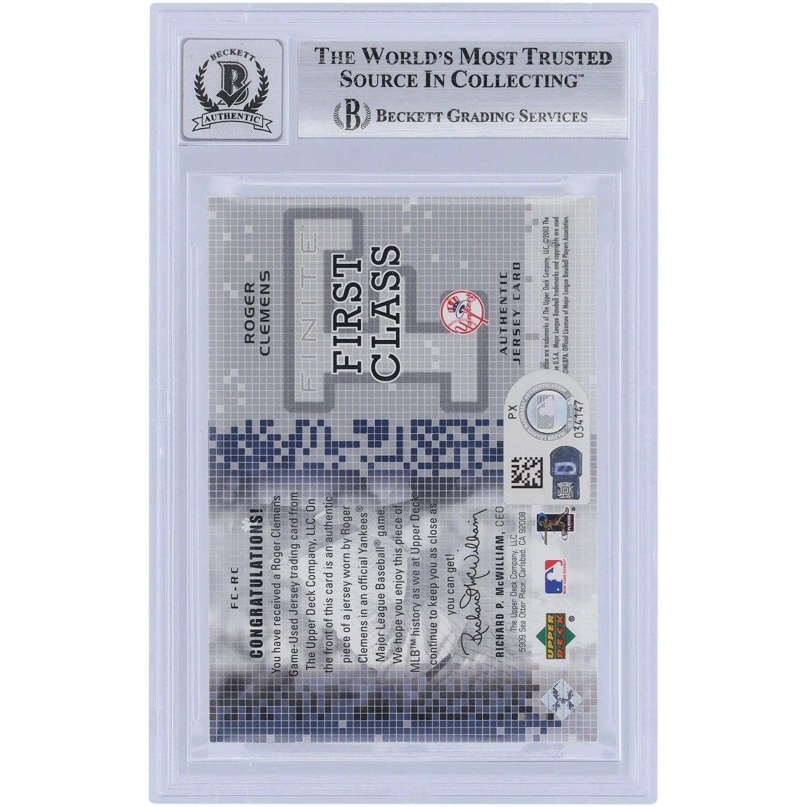 Roger Clemens Signed 2003 Upper Deck Finite First Class Jersey Relic Card | Grade 10