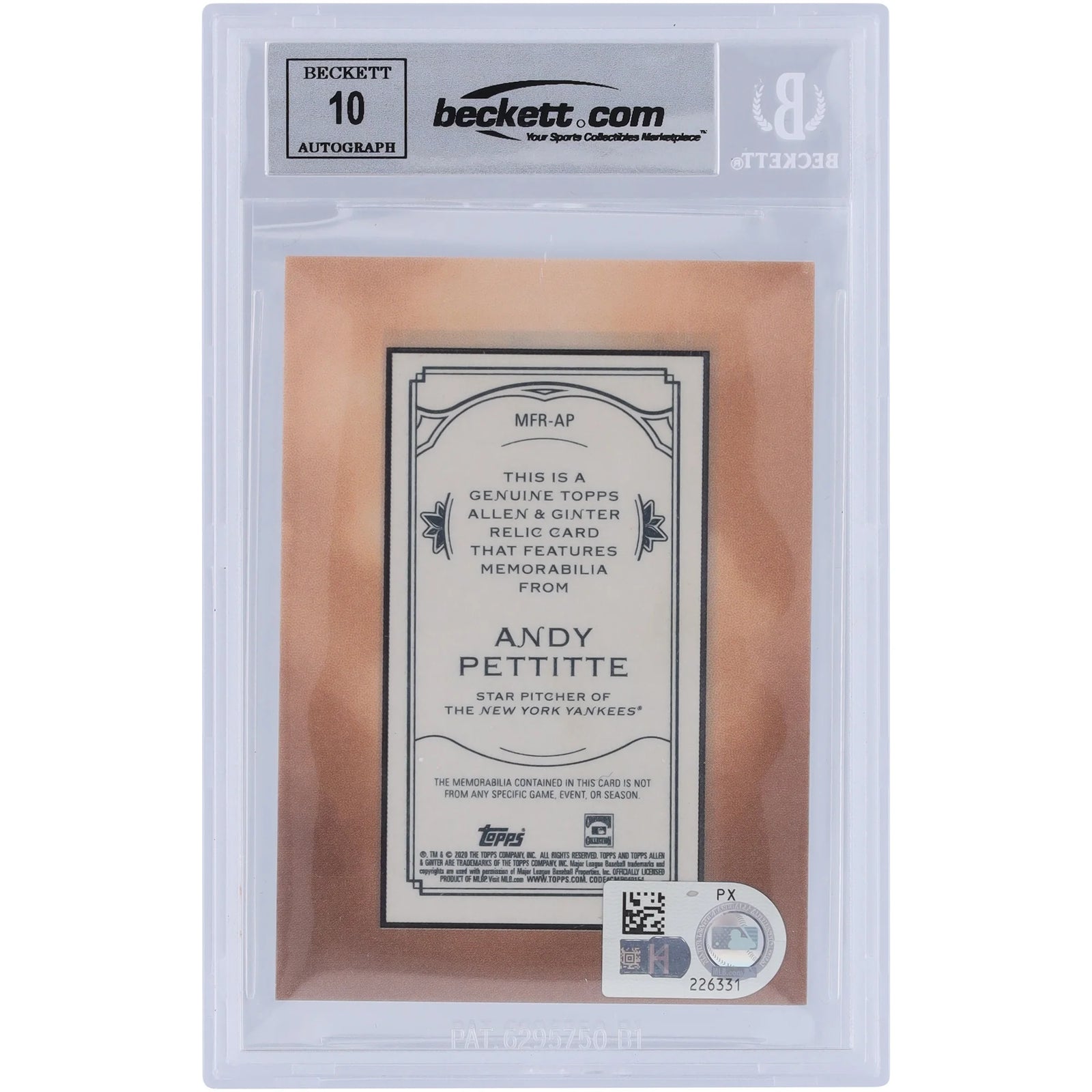 Andy Pettitte Signed 2020 Topps Allen & Ginter Mini Framed Jersey Relic Card | Graded 10