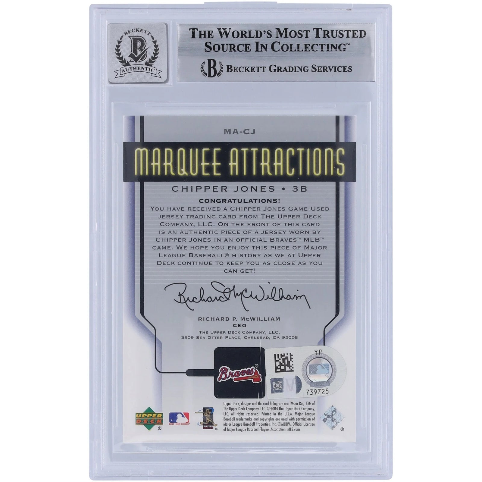 Chipper Jones Signed 2005 Upper Deck Marquee Attractions Jersey Relic | Graded 10