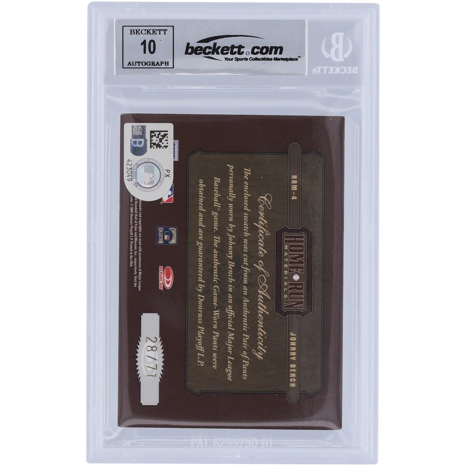 Johnny Bench Signed 2005 Donruss Timeless Treasures Jersey Relic | Graded 10
