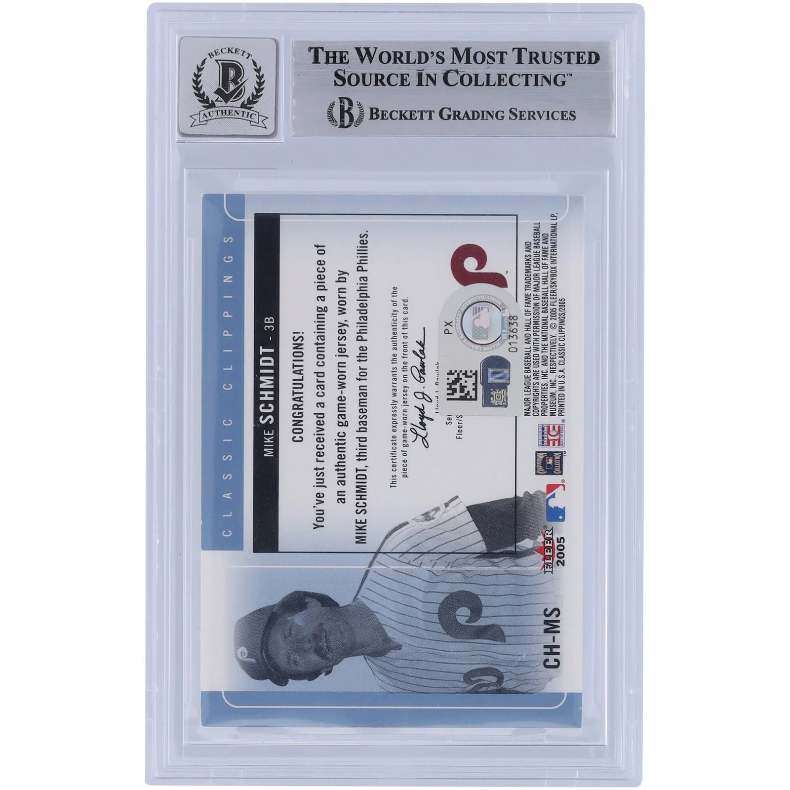 Mike Schmidt Signed 2005 Fleer Classic Clippings Jersey Relic Card | Graded 10