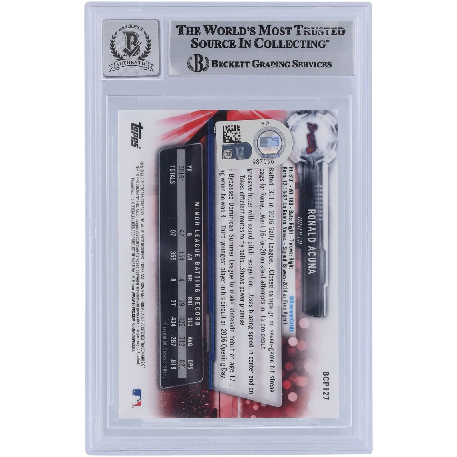 Ronald Acuna Jr. Signed 2017 Bowman Chrome Prospects #BCP127 | Graded 9