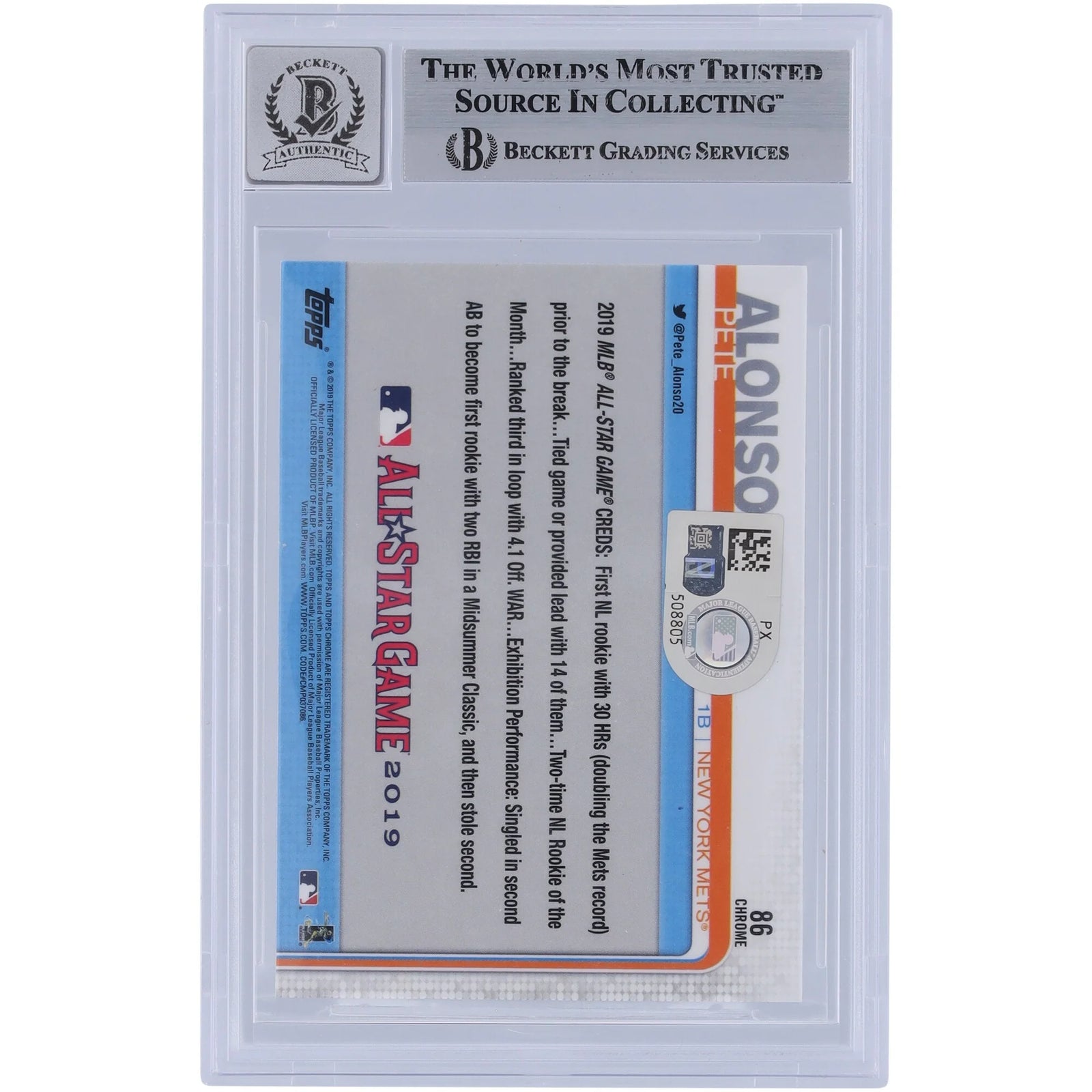 Pete Alonso Signed 2019 Topps Chrome Update #86 Rookie Card | Graded 9