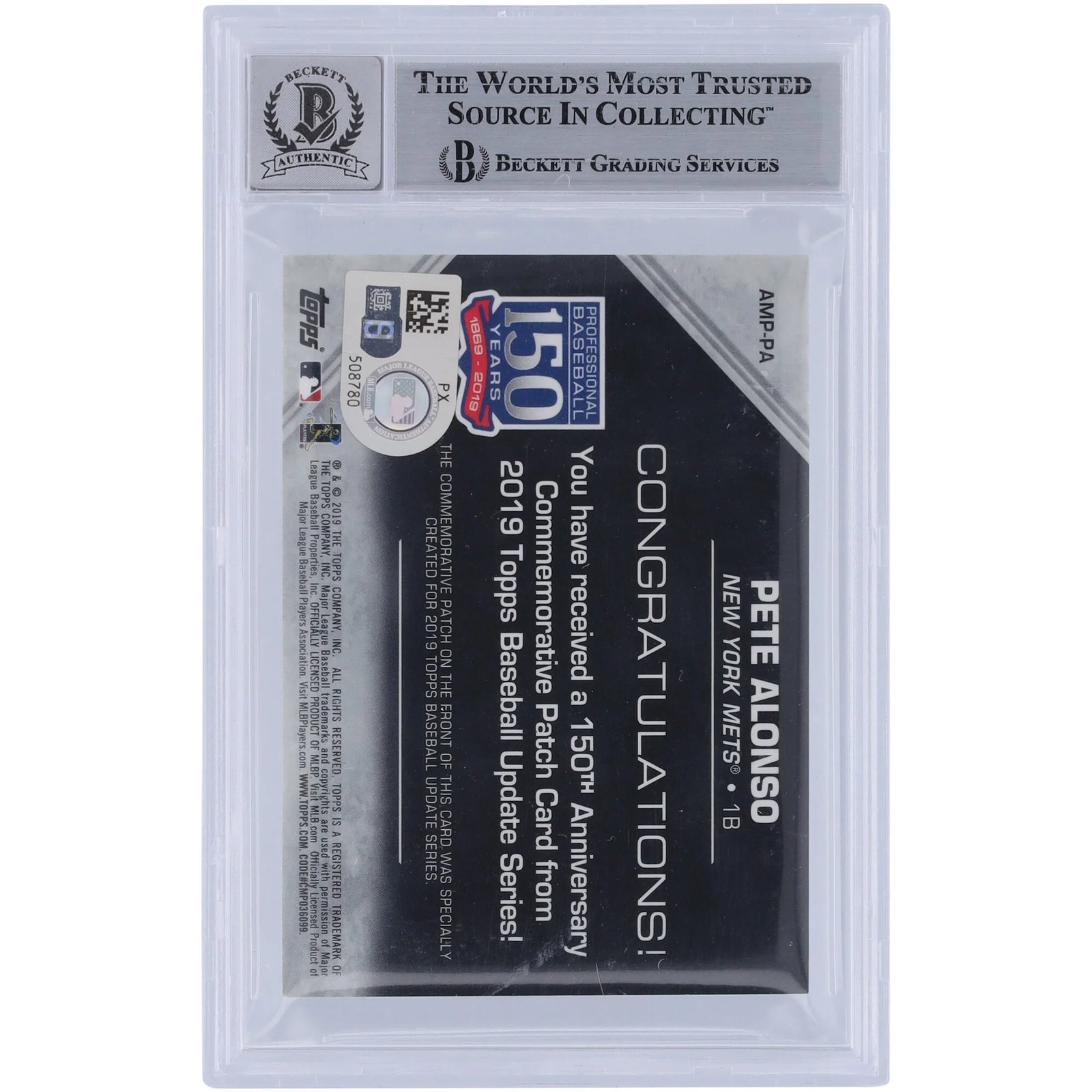 Pete Alonso Signed 2019 Topps Update 150th Anniversary Relic Card | Beckett 9