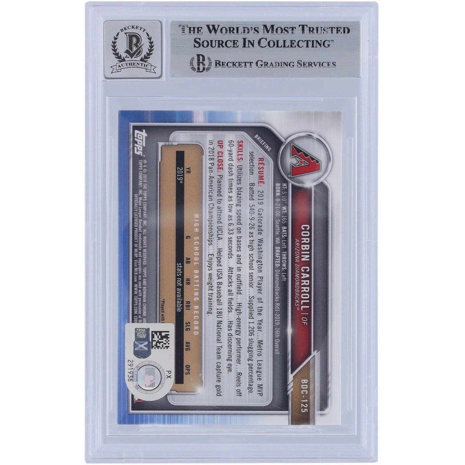 Corbin Carroll Signed 2019 Bowman Chrome Draft #BDC-125 | Beckett Authenticated 9