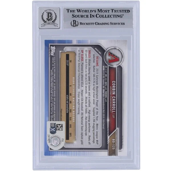 Corbin Carroll Signed 2019 Bowman Draft #BD-125 Card | Graded 9