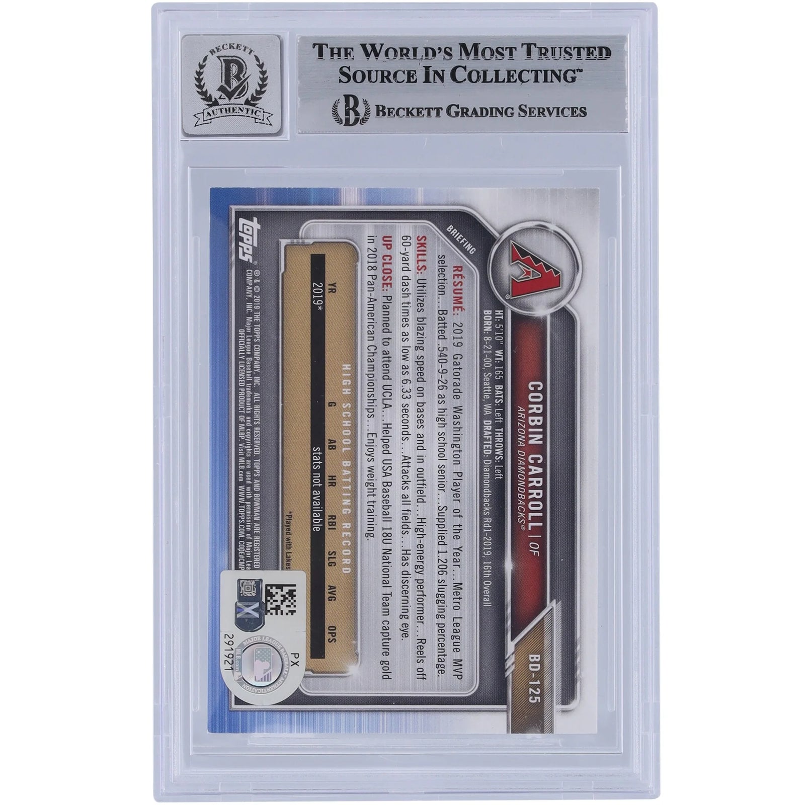 Corbin Carroll Signed 2019 Bowman Draft #BD-125 Card | Graded 9