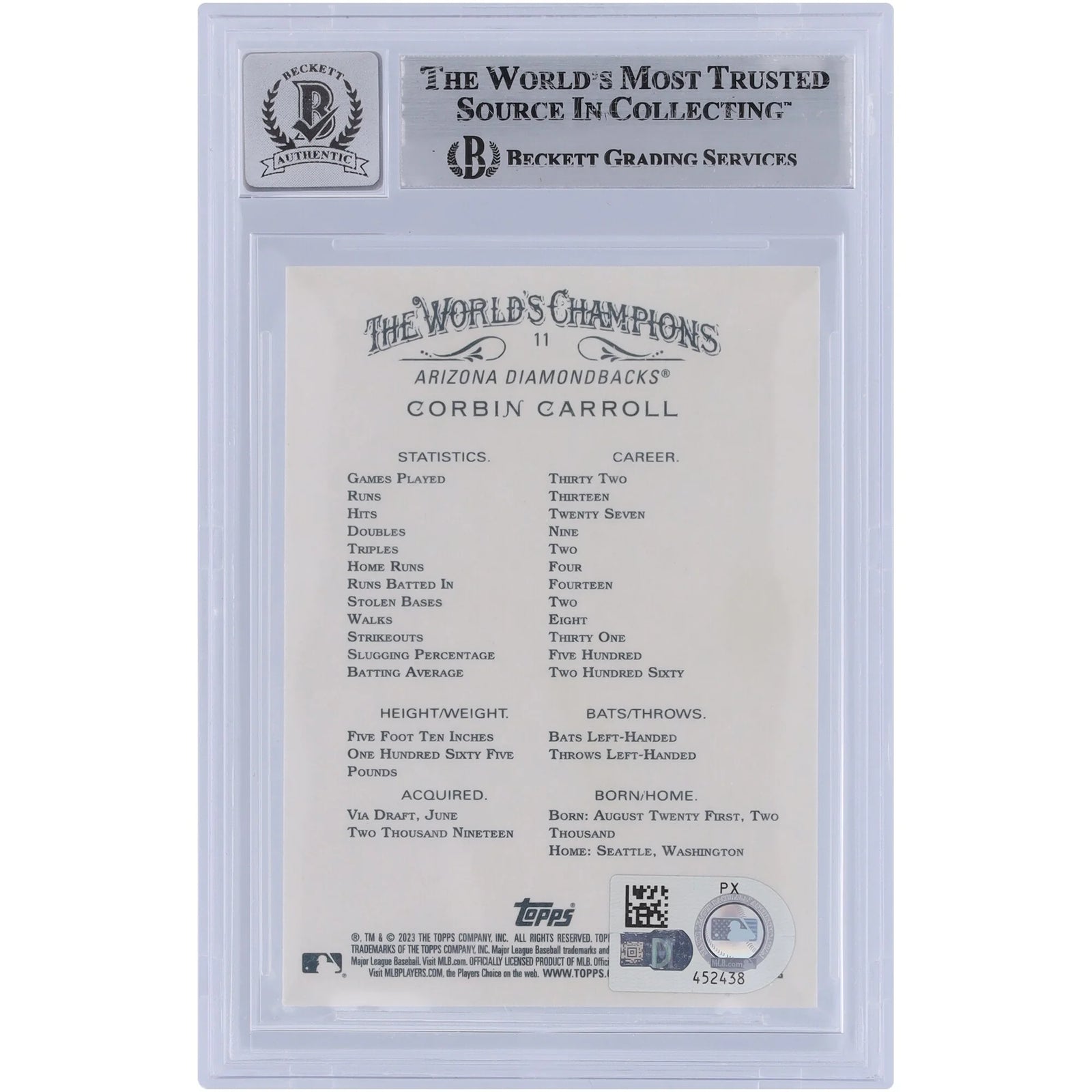 Corbin Carroll Signed 2023 Topps Allen & Ginter #11 Rookie Card | Beckett Authenticated 9/
