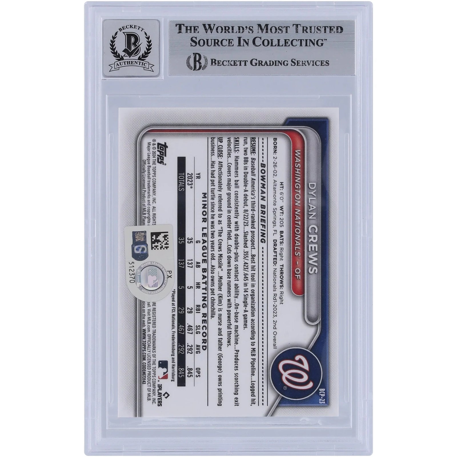 Dylan Crews Signed 2024 Bowman Chrome Prospects #BCP-23 | Graded 9