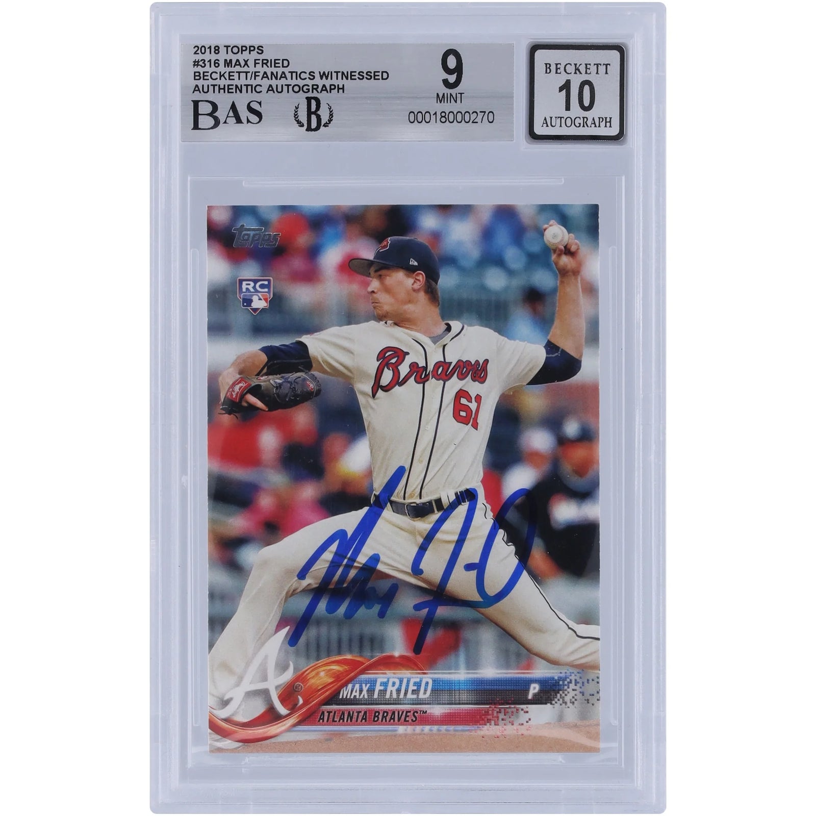 Max Fried Signed 2018 Topps Series 1 #316 Rookie Card | Beckett 9