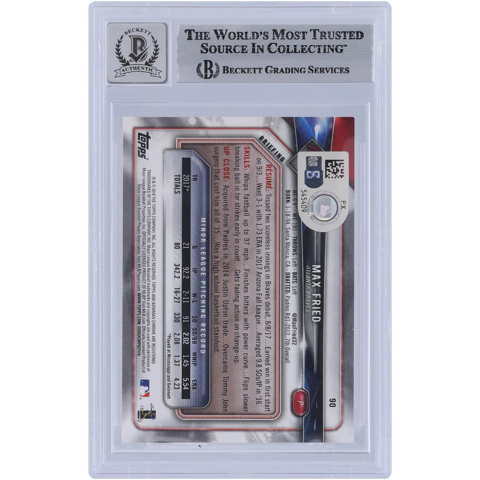 Max Fried Signed 2018 Bowman #90 Rookie Card | Graded 9