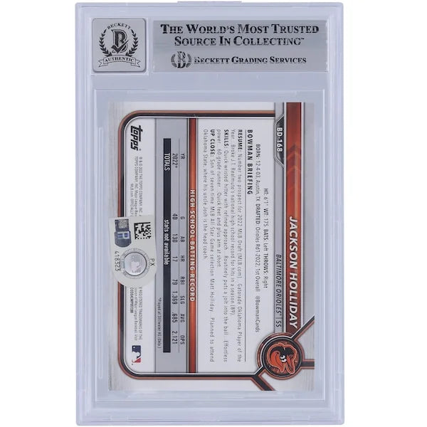 Jackson Holliday Signed 2022 Bowman Draft #BD-168 | Graded 9
