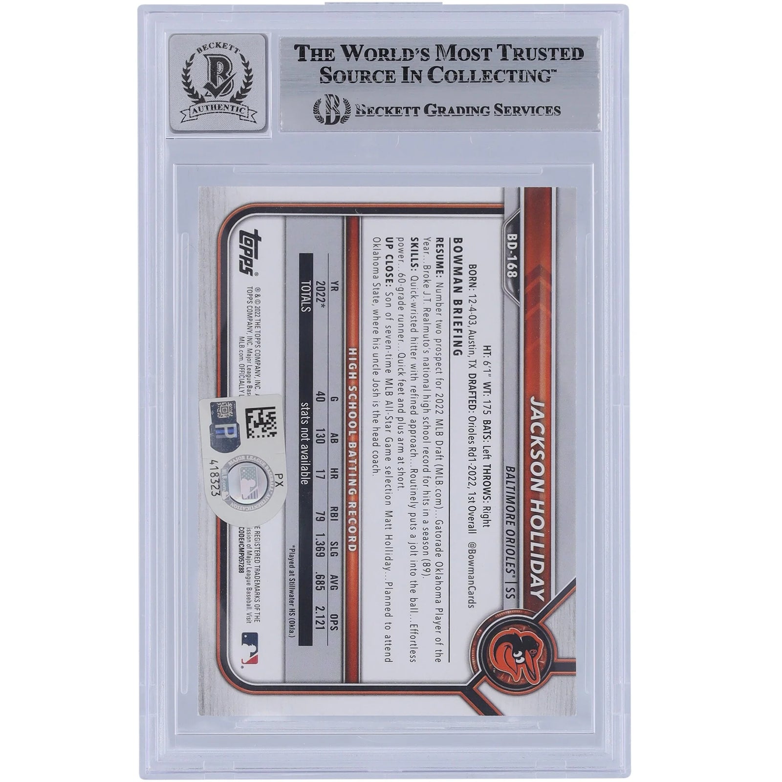 Jackson Holliday Signed 2022 Bowman Draft #BD-168 | Graded 9