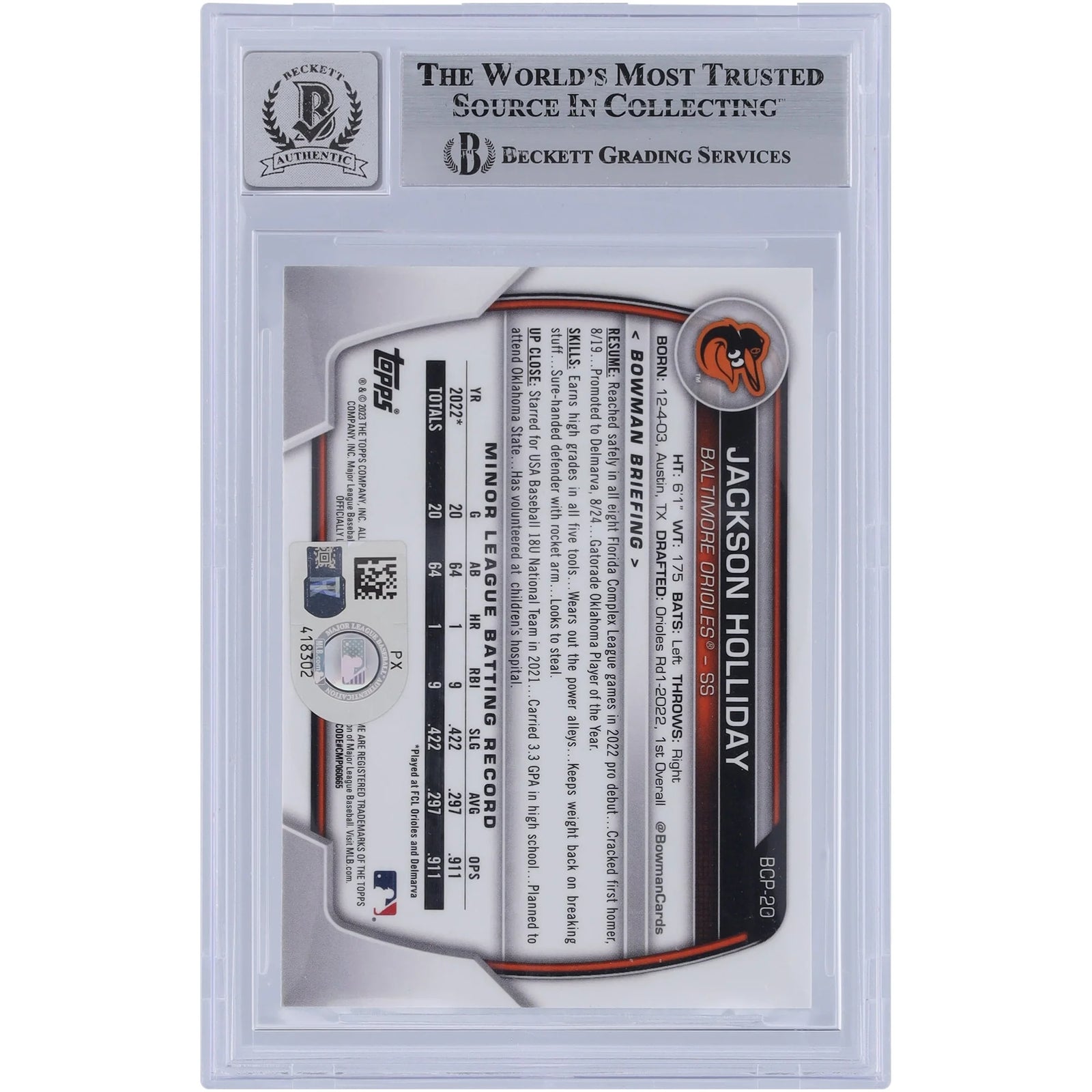 Jackson Holliday Signed 2023 Bowman Chrome Prospects #BCP-20 | Beckett Authenticated 9