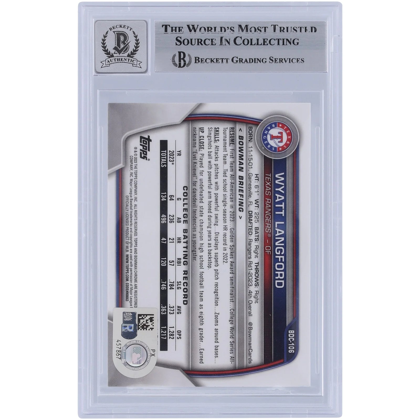 Wyatt Langford Signed 2023 Bowman Chrome Draft #BDC-106 | Beckett 9