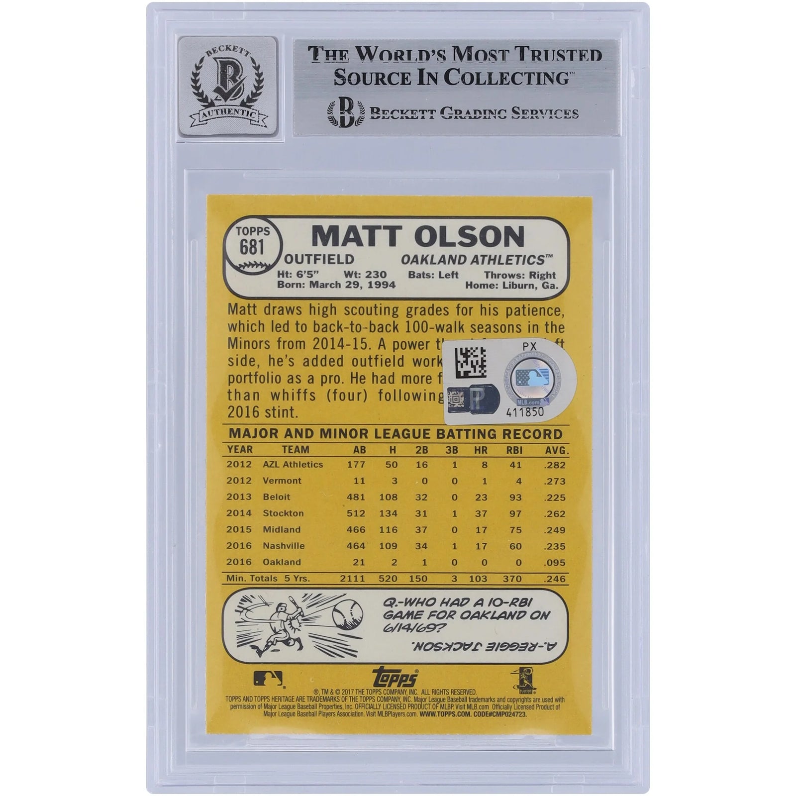 Matt Olson Signed 2017 Topps Heritage #681 Rookie Card | Authenticated