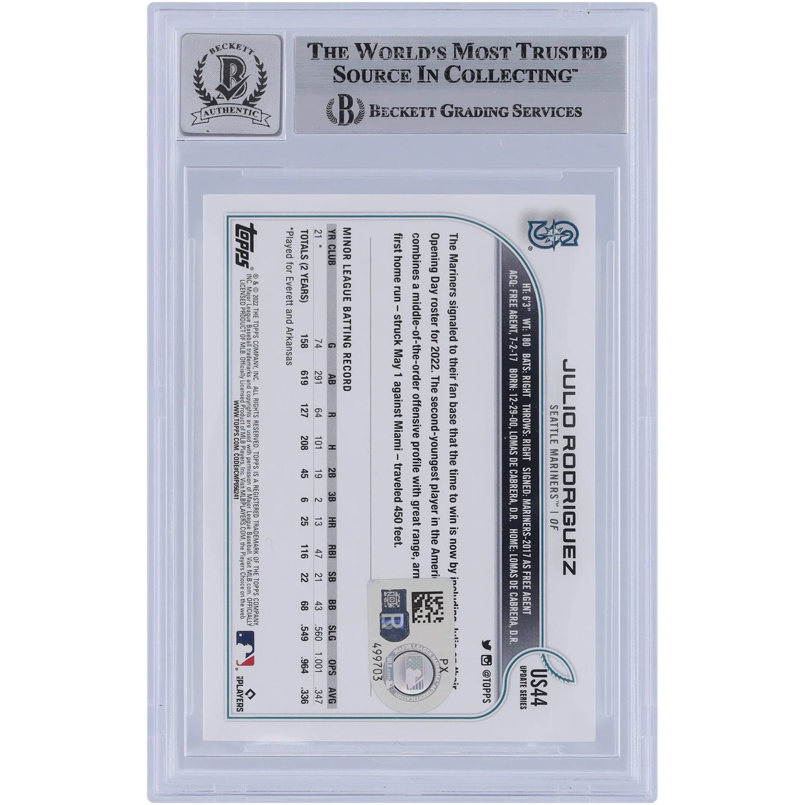 Julio Rodriguez Signed 2022 Topps Update #US44 Rookie Card | Beckett Graded 9