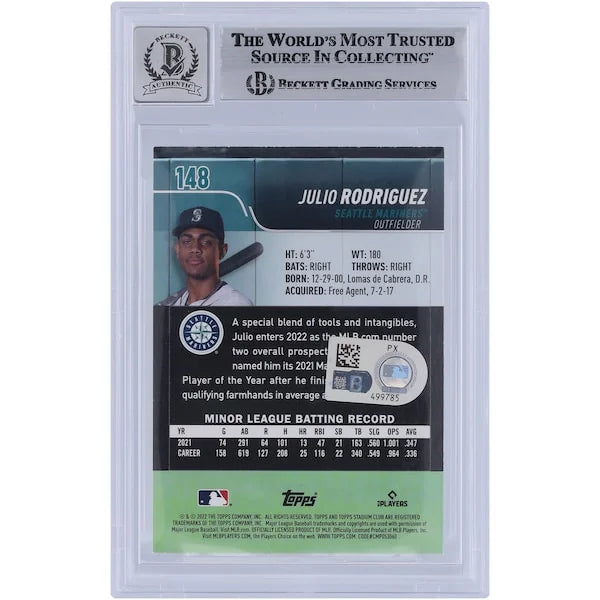 Julio Rodriguez Signed 2022 Topps Stadium Club #148 Rookie Card | Beckett Authenticated 9