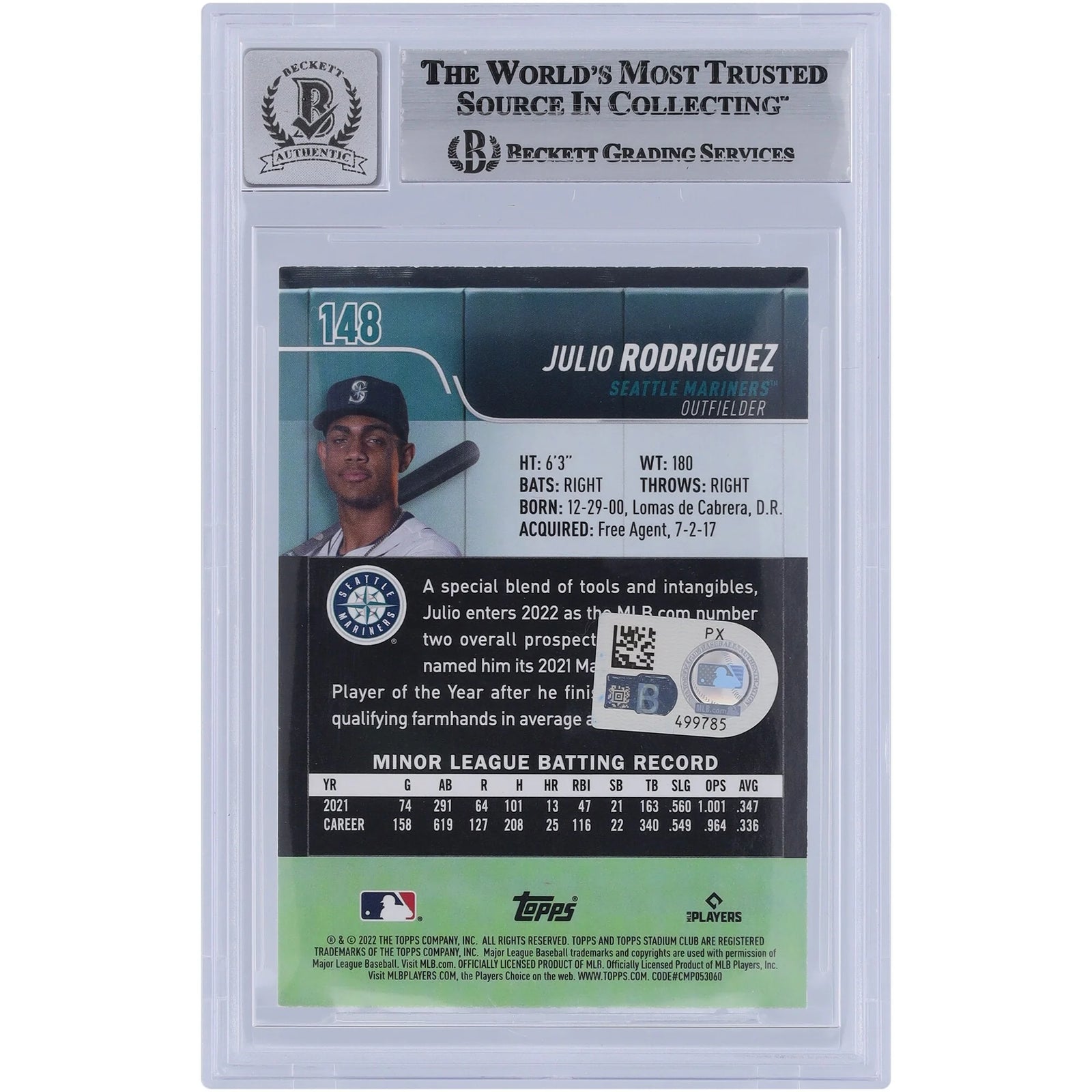 Julio Rodriguez Signed 2022 Topps Stadium Club #148 Rookie Card | Beckett Authenticated 9