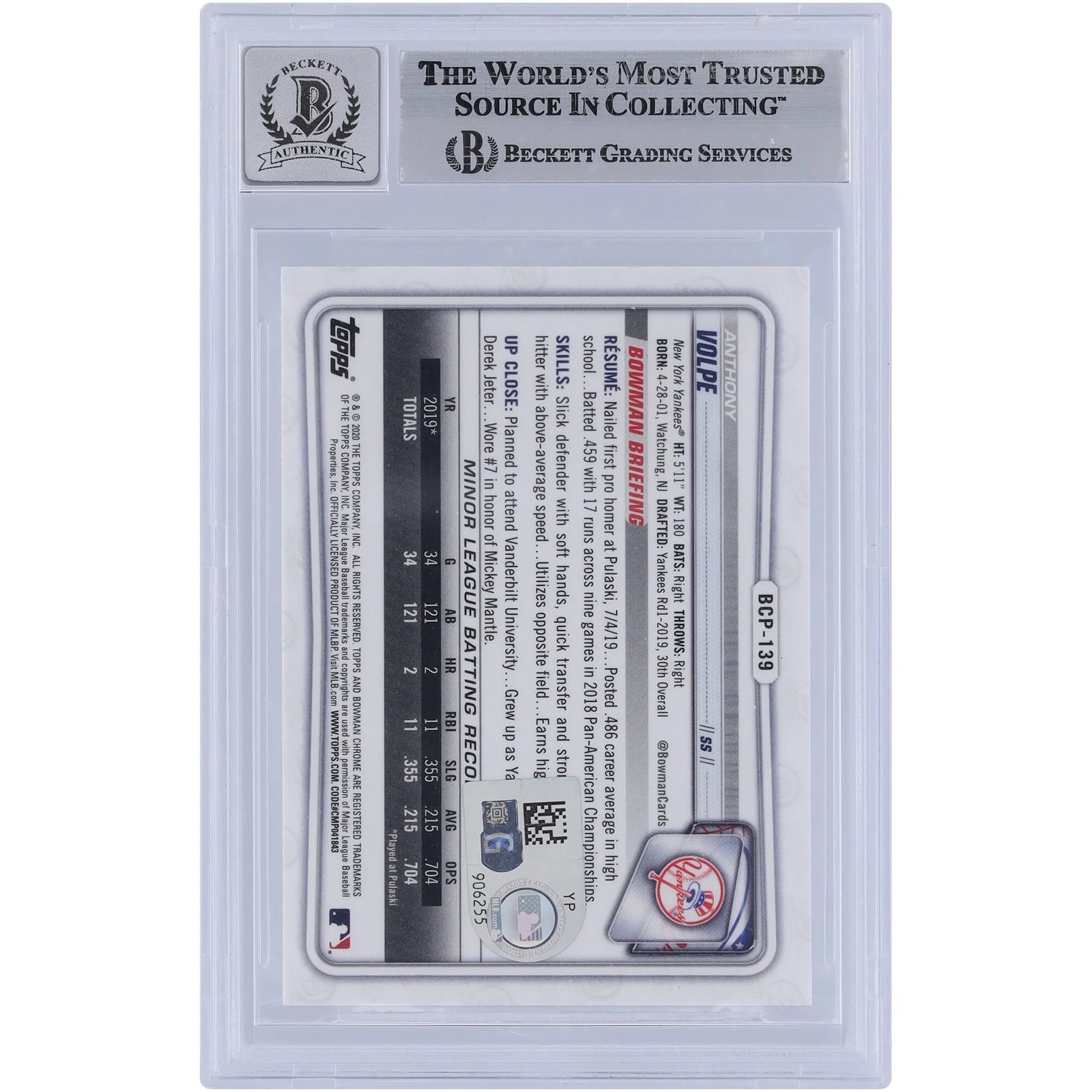 Anthony Volpe Signed 2020 Bowman Chrome Prospects Sapphire #BCP-139 | Graded 9