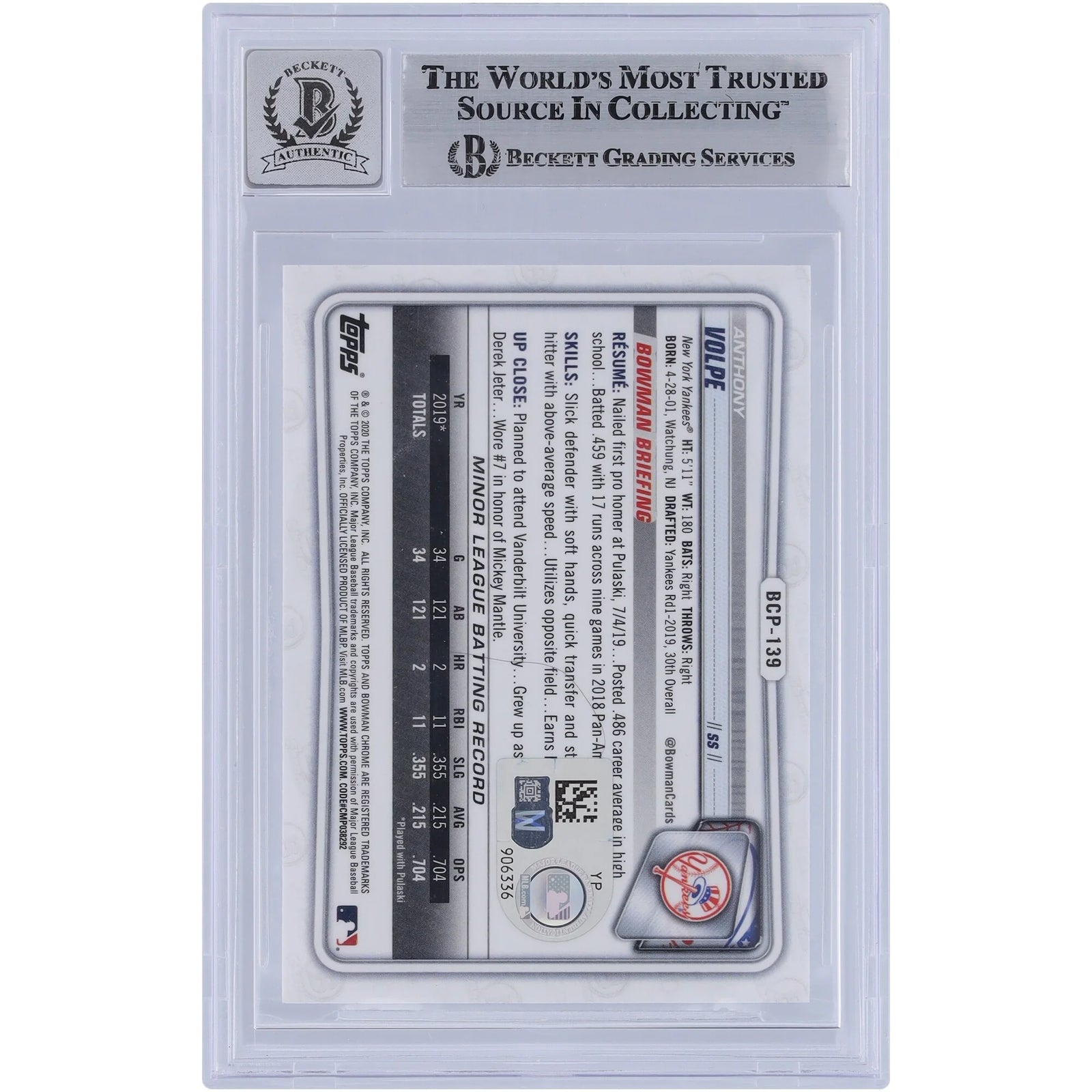 Anthony Volpe Signed 2020 Bowman Chrome Prospects #BCP-139 | Graded 9