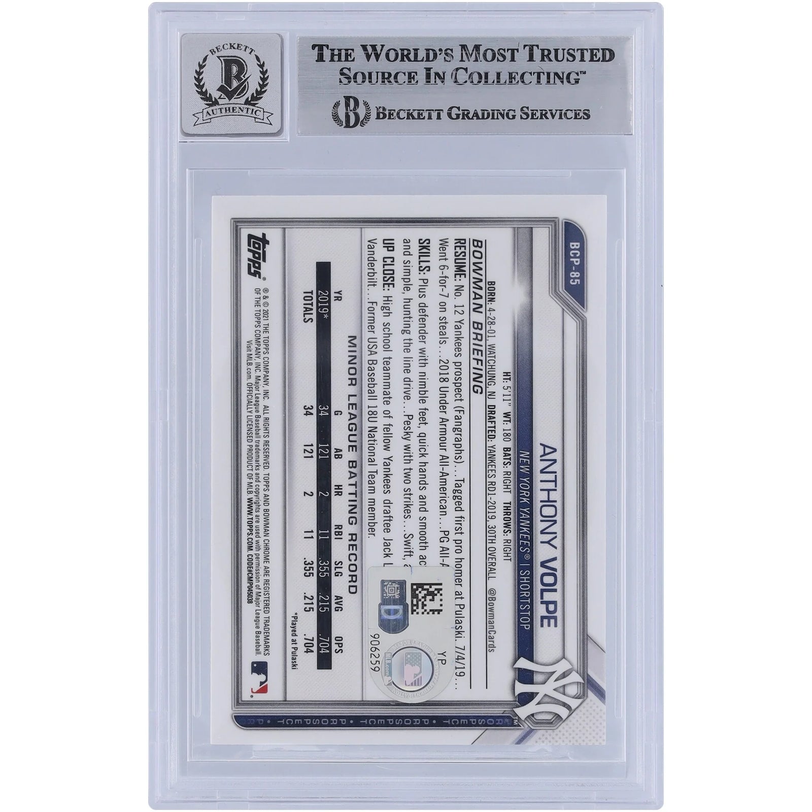 Anthony Volpe Signed 2021 Bowman Chrome Prospects Sapphire #BCP-85 | Graded 9