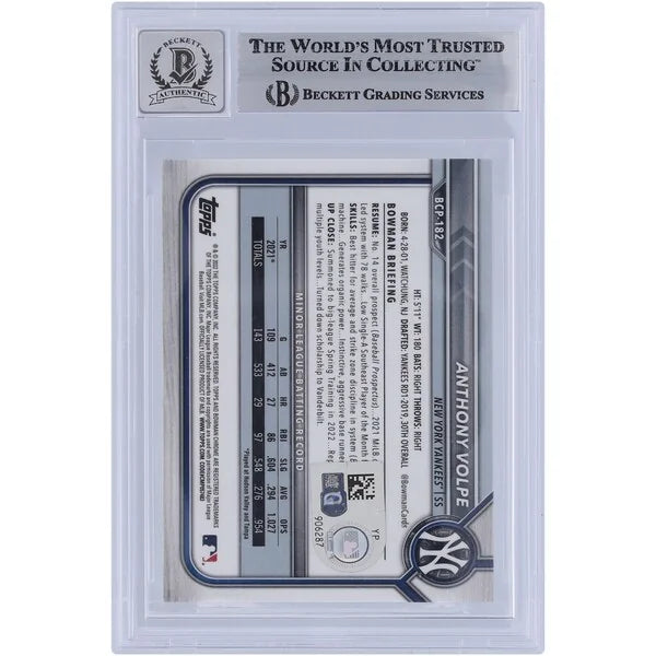 Anthony Volpe Signed 2022 Bowman Chrome Prospects Sapphire #BCP-182 | Graded 9
