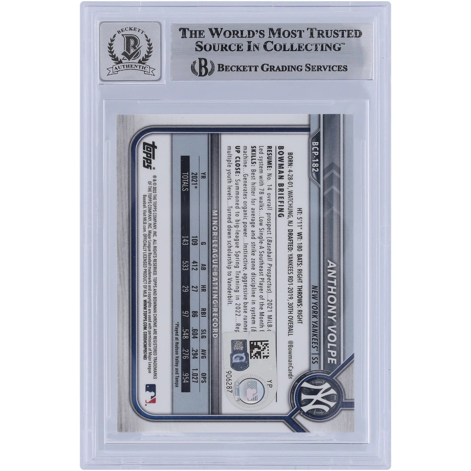 Anthony Volpe Signed 2022 Bowman Chrome Prospects Sapphire #BCP-182 | Graded 9