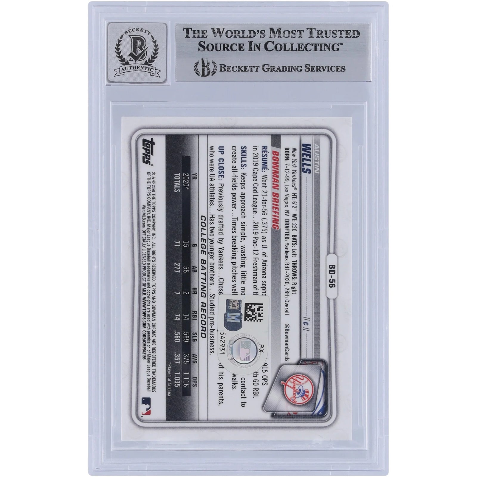 Austin Wells Signed 2020 Bowman Chrome Draft #BD-56 | Graded 9