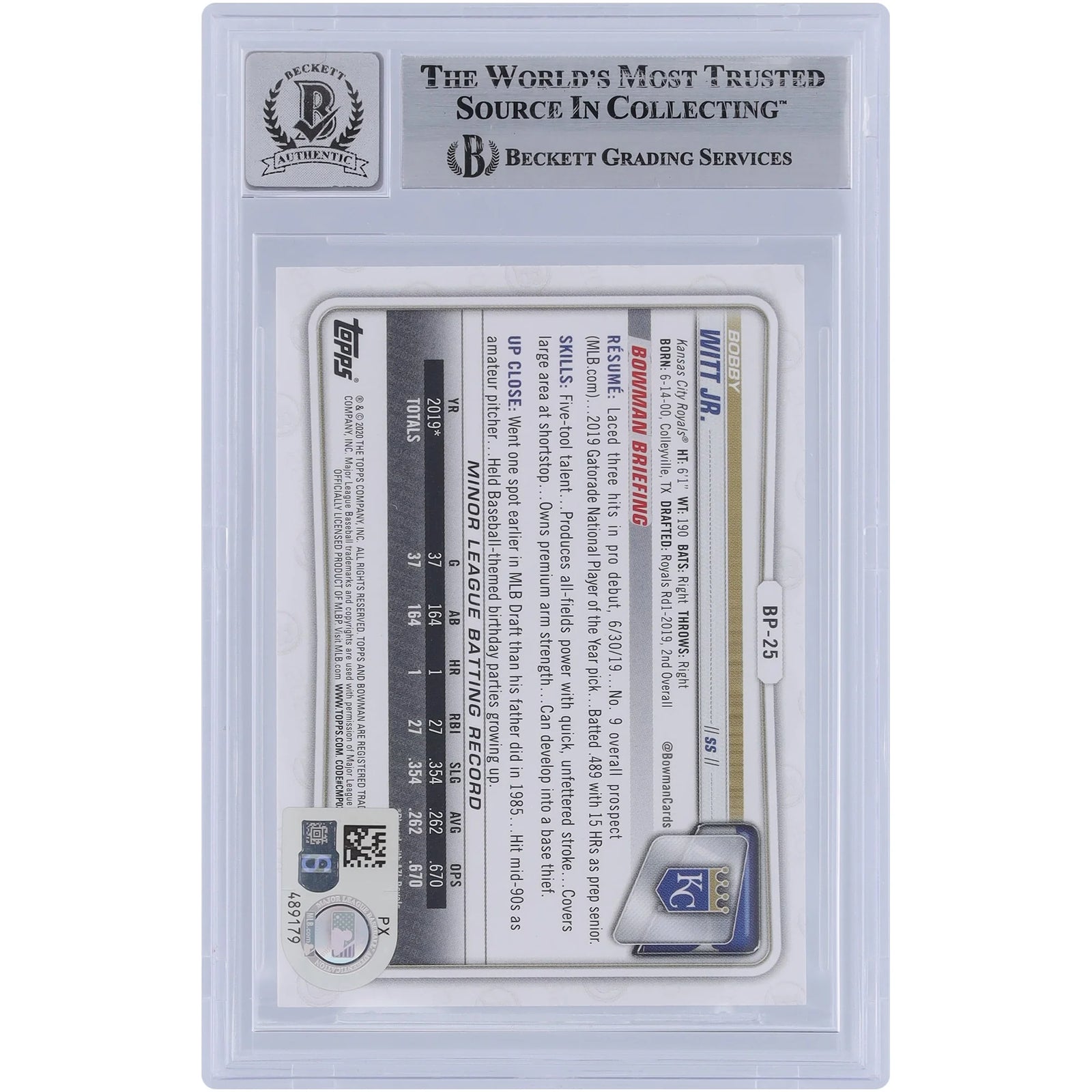 Bobby Witt Jr. Signed 2020 Bowman Prospects #BP-25 | Graded 9