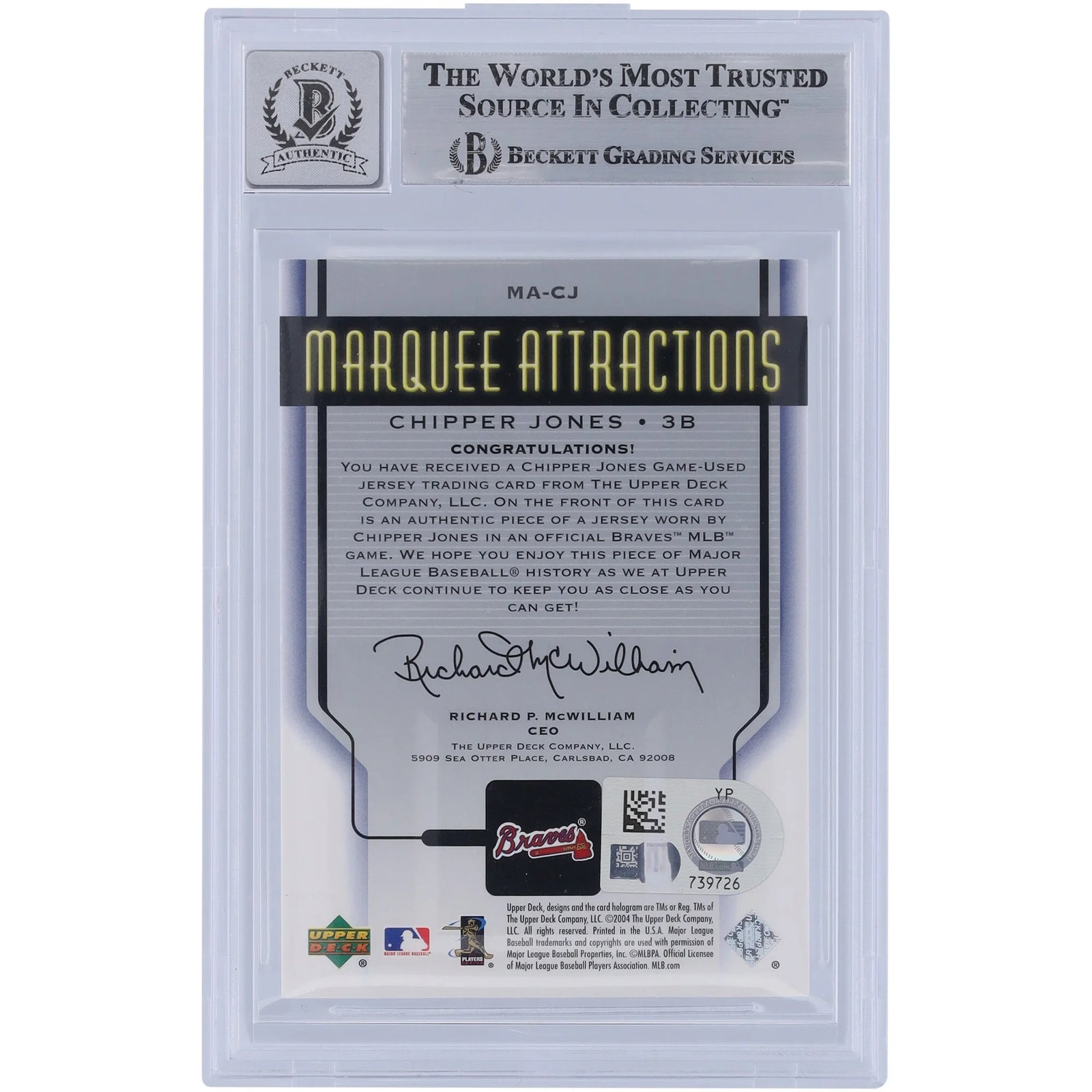 Chipper Jones Signed 2005 Upper Deck Marquee Attractions Jersey Relic Card | Graded 9