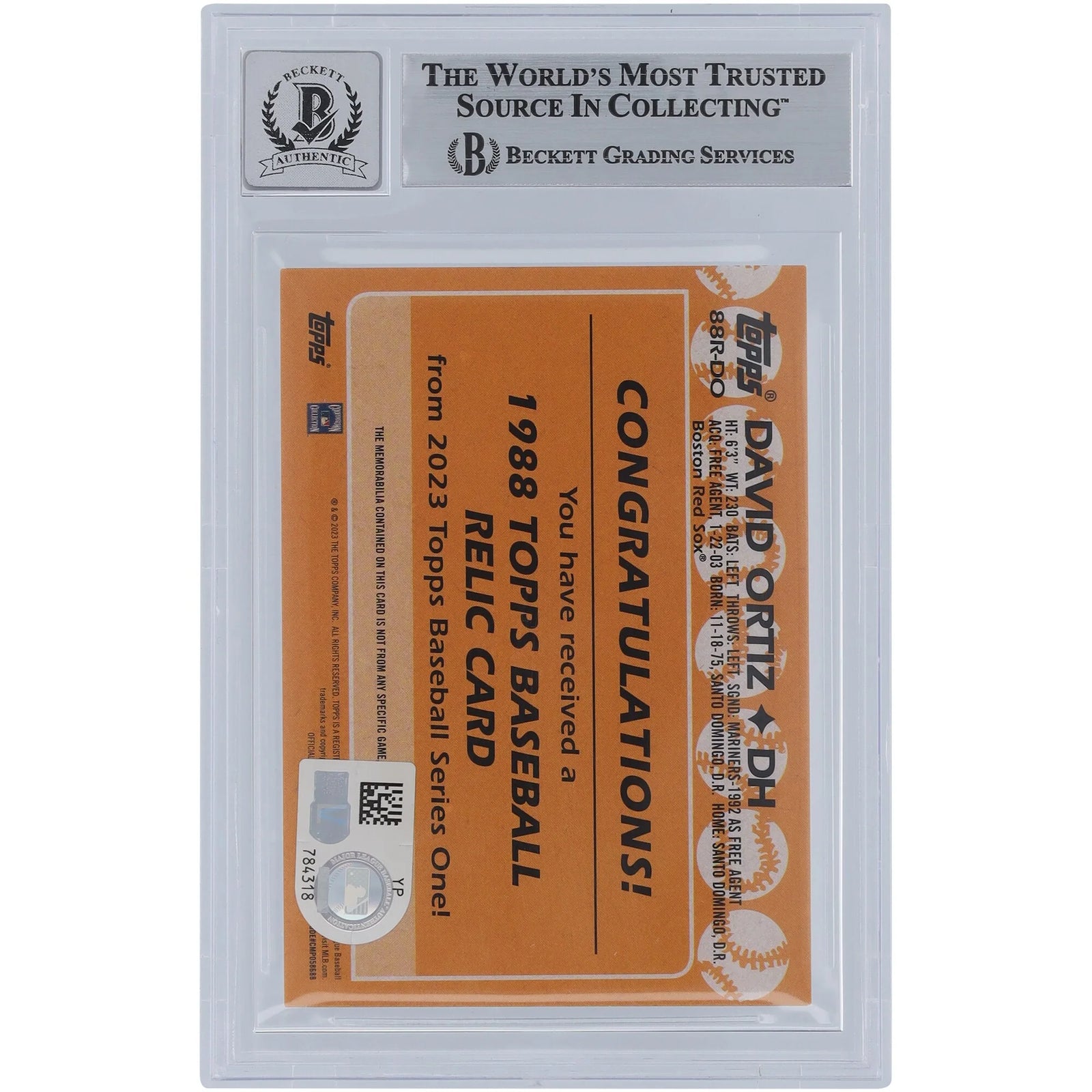 David Ortiz Signed 2023 Topps '88 Jersey Relic #88R Card | Graded 10