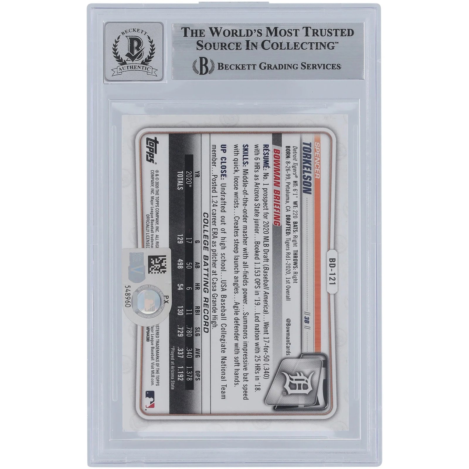 Spencer Torkelson Signed 2020 Bowman Draft Sky Blue #BD-121 | Graded 10