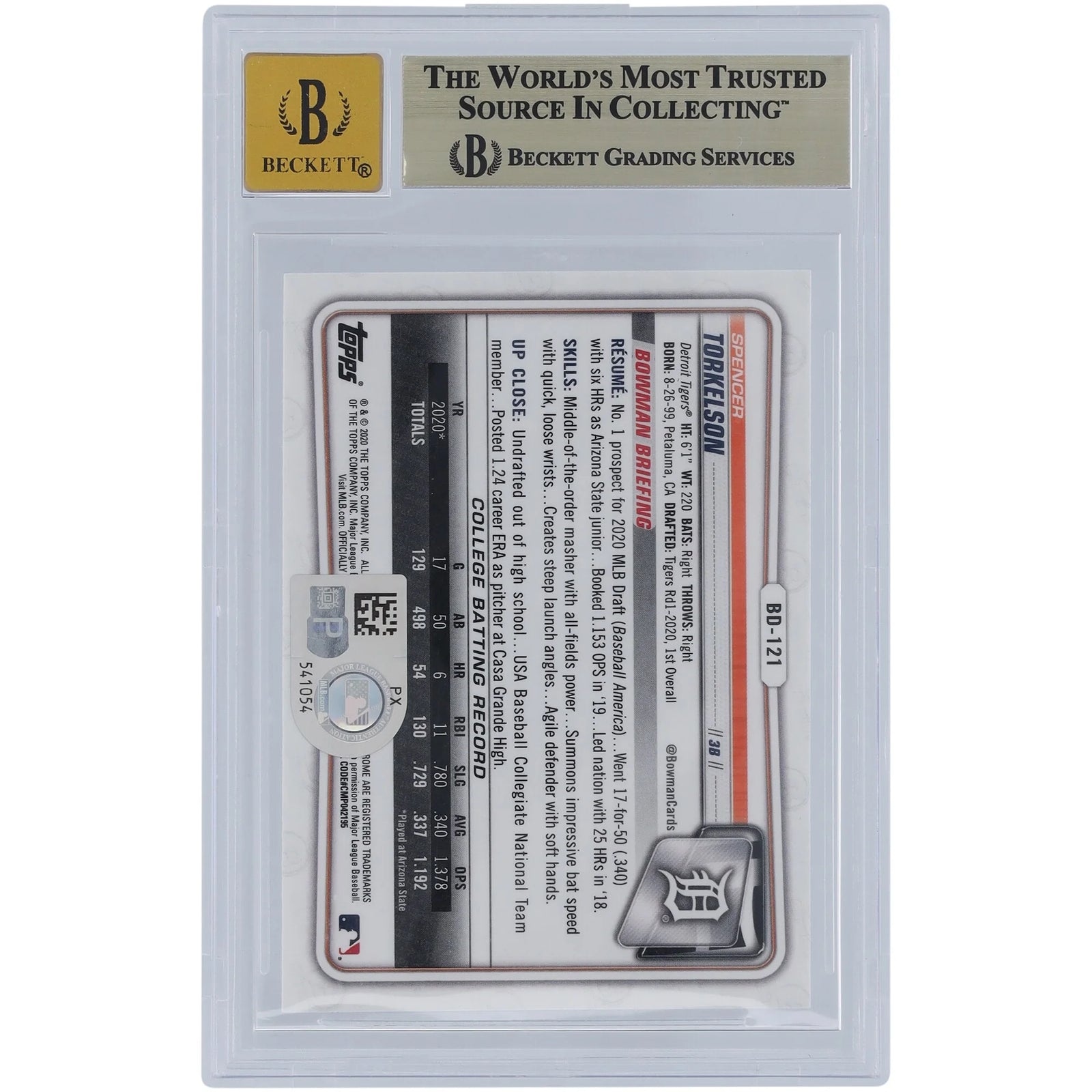 Spencer Torkelson Signed 2020 Bowman Chrome Draft #BD-121 | Graded 9.5