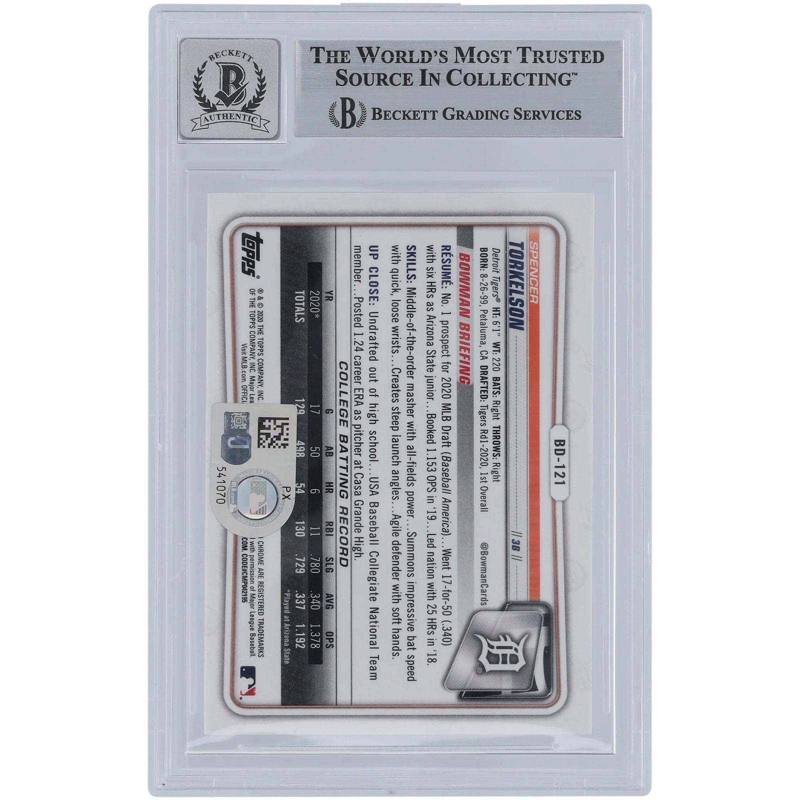 Spencer Torkelson Signed 2020 Bowman Chrome Draft #BD-121 | Graded 9