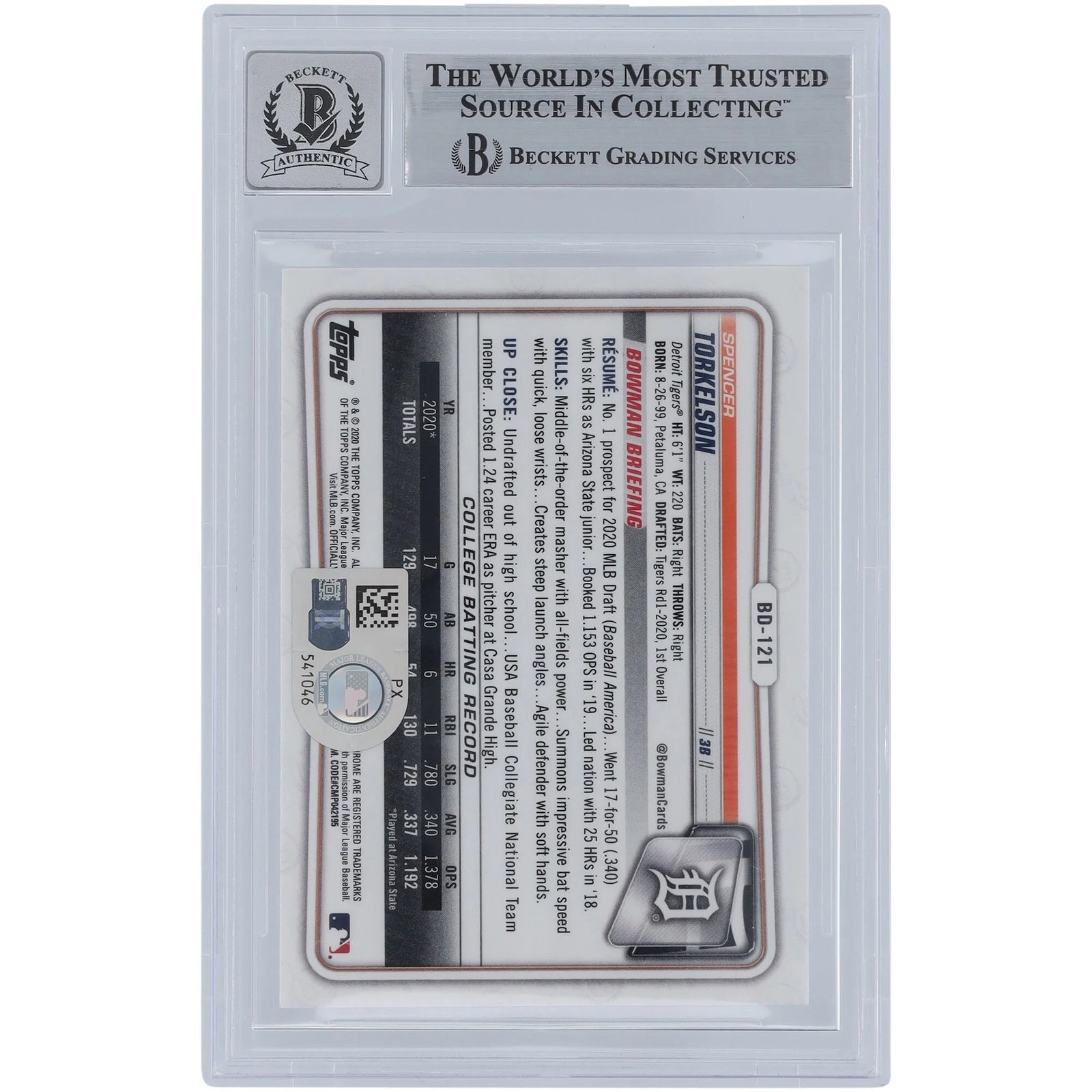 Spencer Torkelson Signed 2020 Bowman Chrome Draft #BD-121 | Graded 10